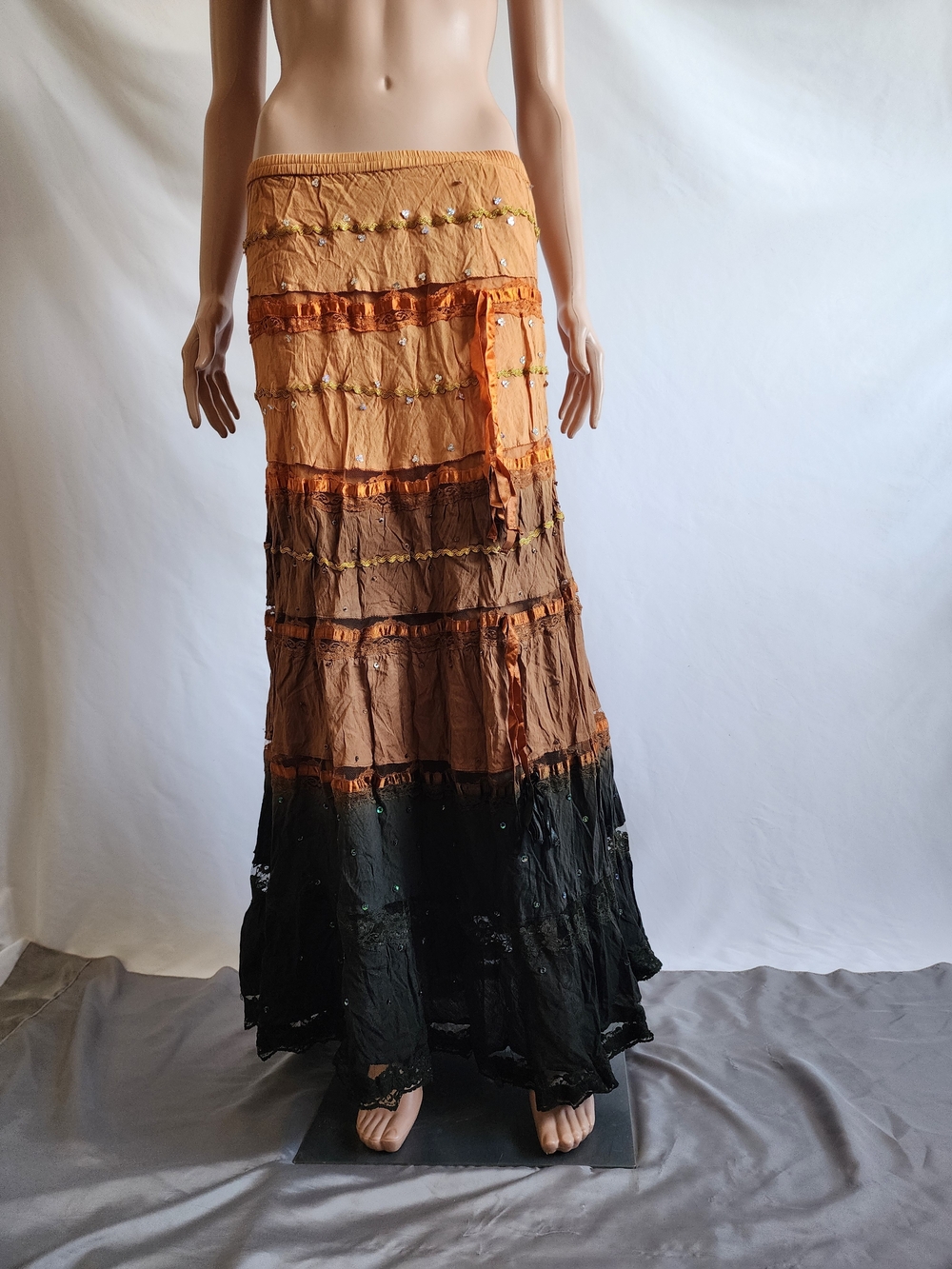 Vintage Boho Ombre Tiered Maxi Skirt Sequin Lace Brown Orange Black Size Large